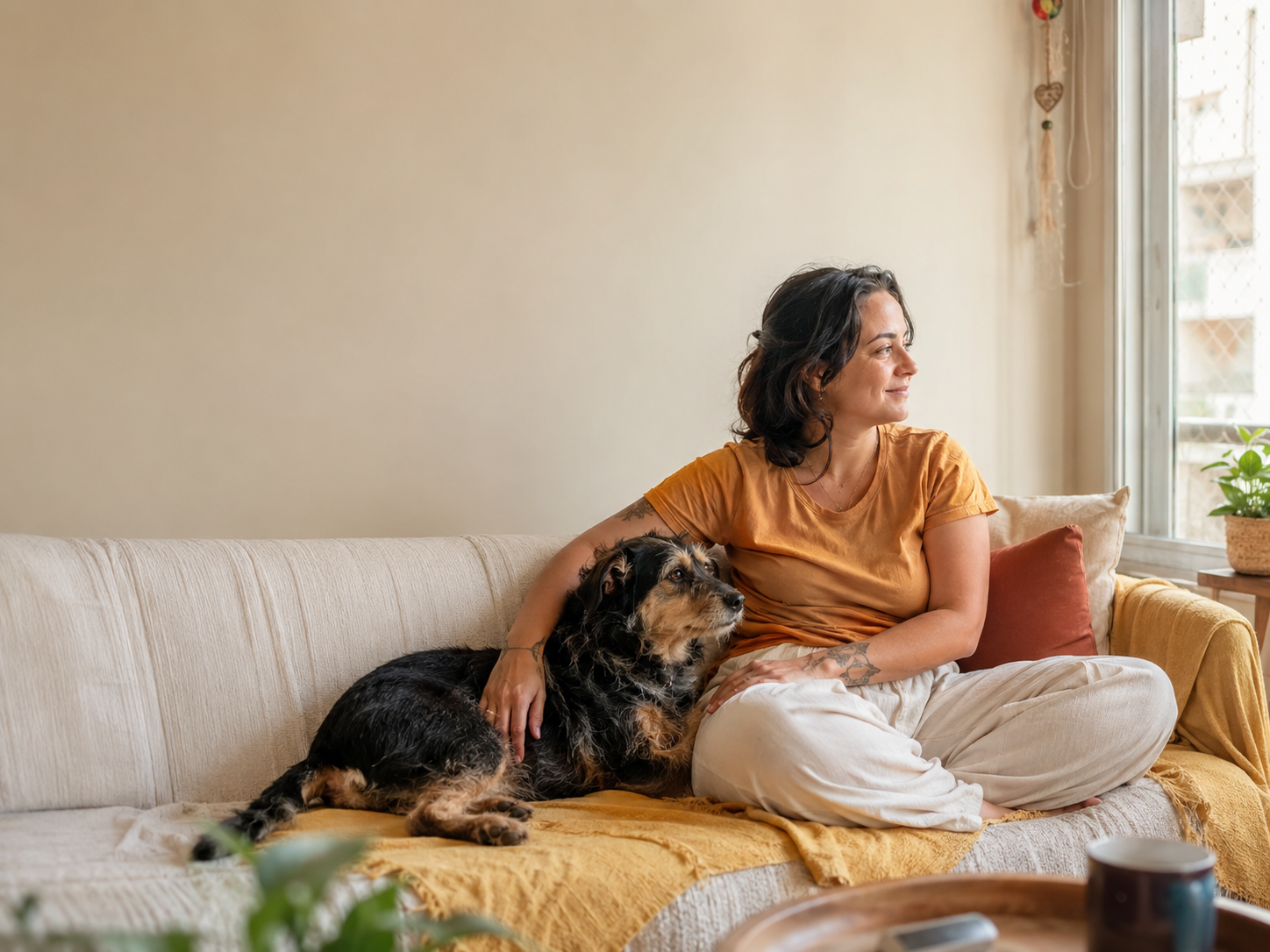 Mulher brasileira sentada no sofá da sua casa com seu cachorro calmo ao lado, em luz natural quente