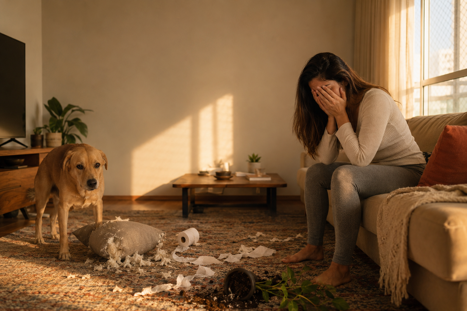 Sala em fim de tarde: Isa exausta no sofá com as mãos no rosto, cachorro caramelo de pé entre uma almofada destruída e papel higiênico desenrolado pelo chão