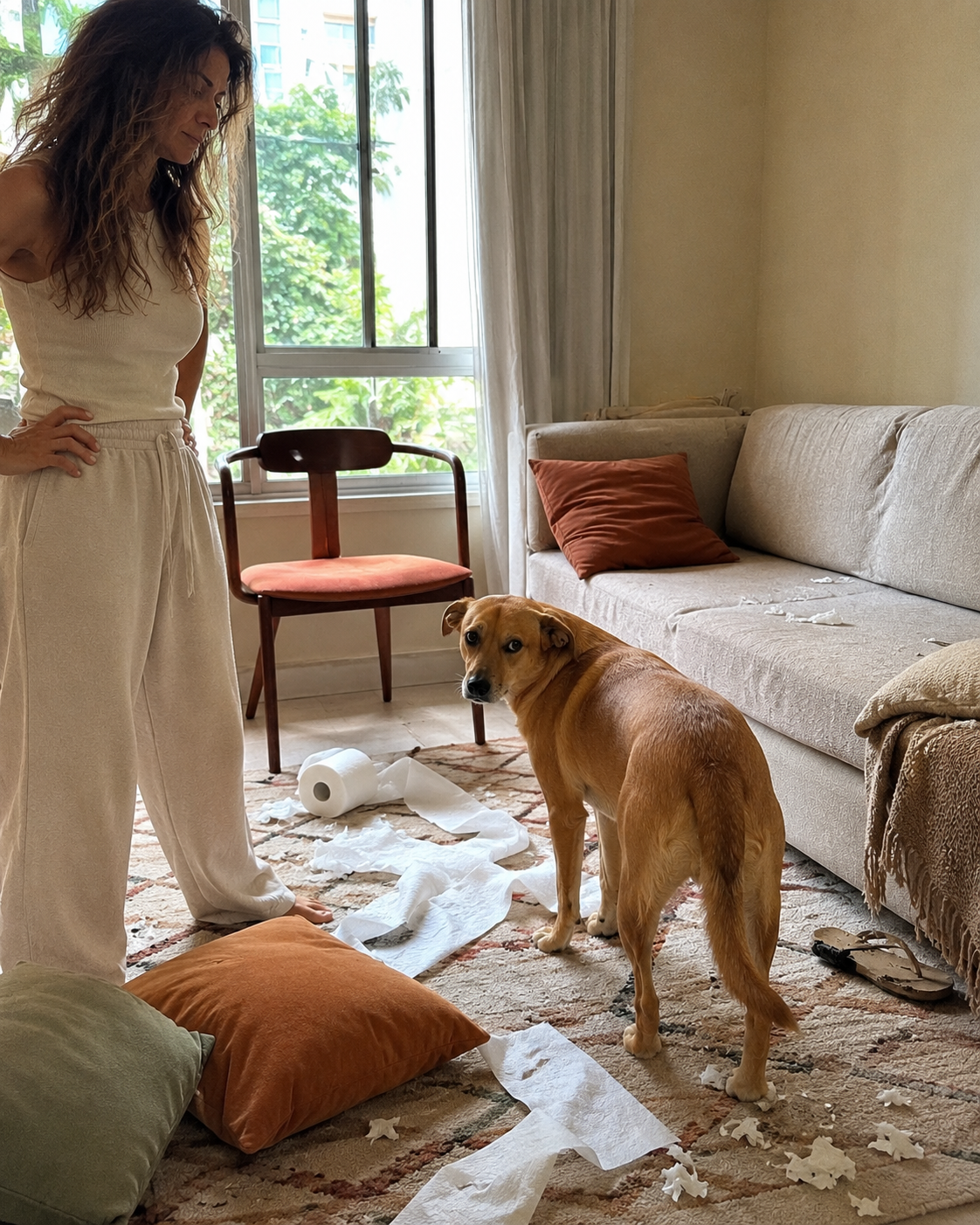 Sala bagunçada: papel higiênico desenrolado, almofadas no chão, cachorro caramelo com cara de culpa