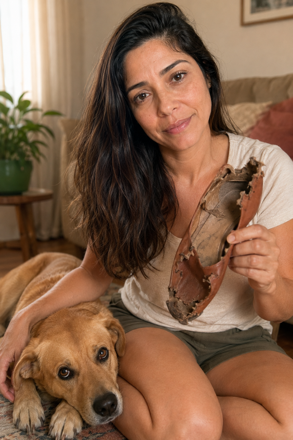Isa sentada no chão segurando um sapato destruído enquanto o cachorro caramelo a olha com ar de culpa