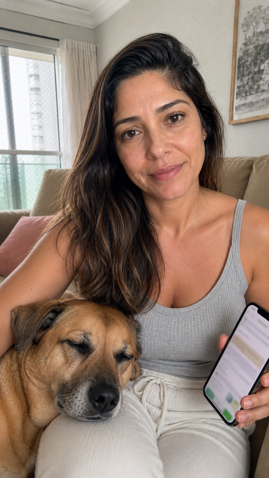 Isa, criadora do Protocolo Pet Calmo, em casa com seu cachorro