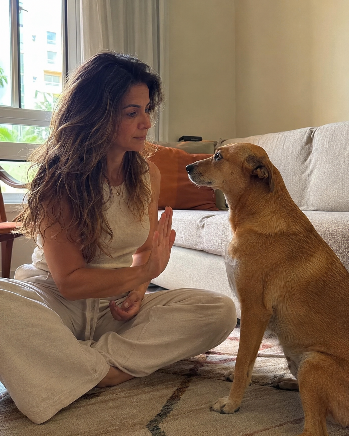 Isa sentada no chão da sala fazendo sinal de espera, cachorro caramelo atento e calmo ao lado