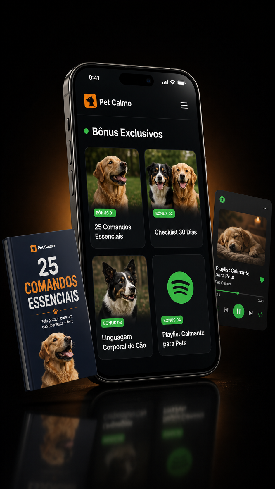 Painel do Protocolo Pet Calmo no celular: app com lista de bônus exclusivos (25 Comandos, Checklist 30 Dias, Linguagem Corporal, Playlist Calmante) ao lado do ebook impresso